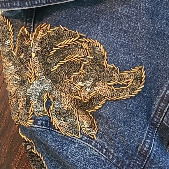 Denim 24/7 Wmns Plus 30W Blue Denim Gold Beaded Sequins Jacket Embellished Bling - Picture 4 of 16